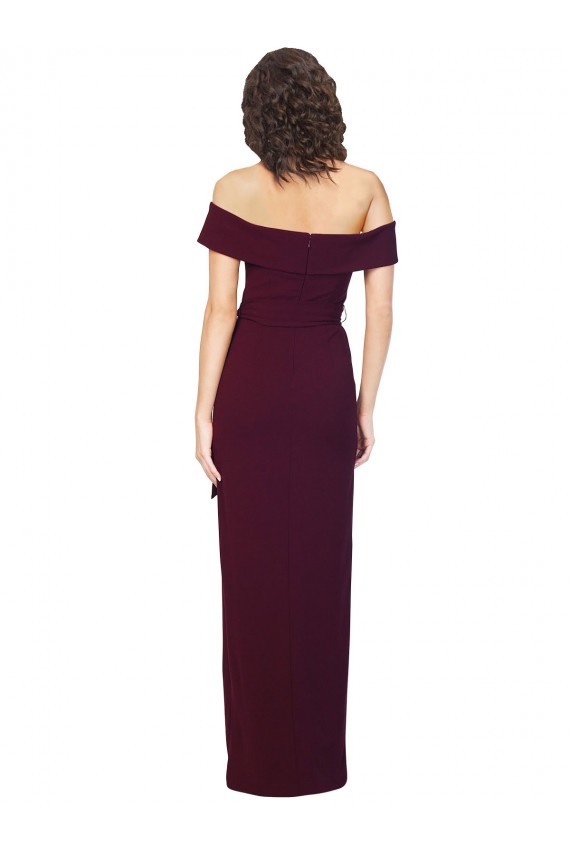 Online Fitted Full Length Off the Shoulder Formal Crepe Bridesmaid Dress / Prom Dress with Side Split and Waist Tie UK