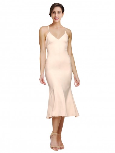 Online Midi Cocktail Length V-Neckline Crepe Bridesmaid Dress / Prom Dress with Thin Straps and Fulted Skirt UK