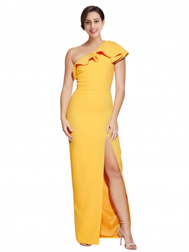 Online One Shoulder Floor Length Formal Crepe Bridesmaid Dress / Prom Dress with Thigh High Split UK