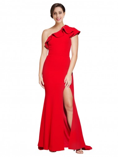Online One Shoulder Long Sweep Train Crepe Bridesmaid Dress / Prom Dress with Thigh High Split UK