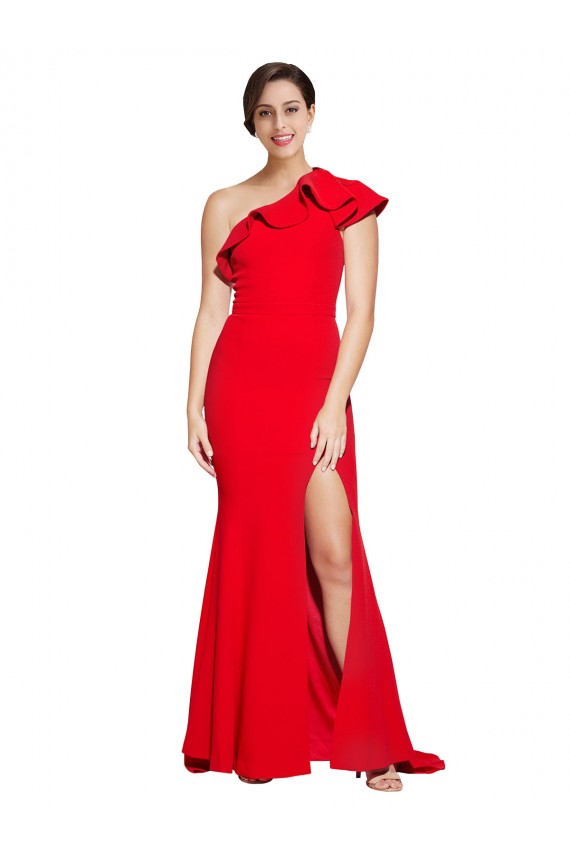 Online One Shoulder Long Sweep Train Crepe Bridesmaid Dress / Prom Dress with Thigh High Split UK