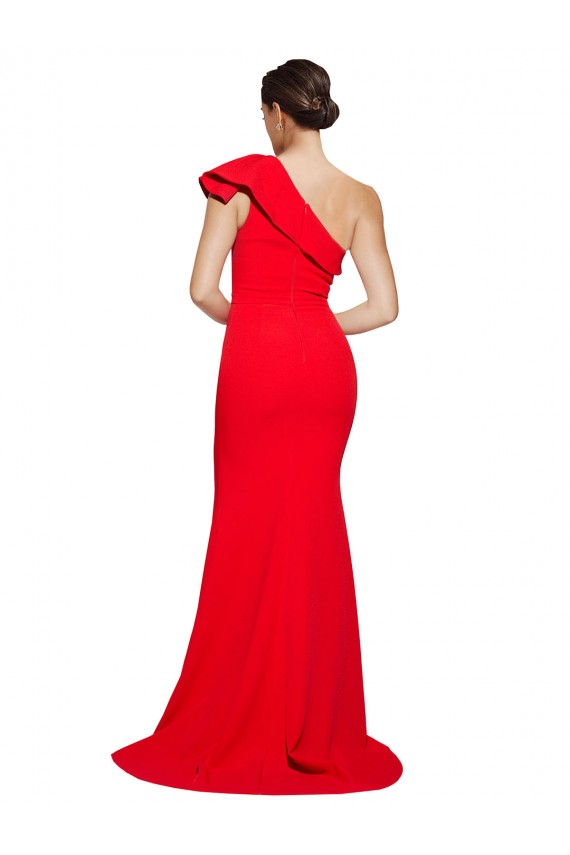 Online One Shoulder Long Sweep Train Crepe Bridesmaid Dress / Prom Dress with Thigh High Split UK