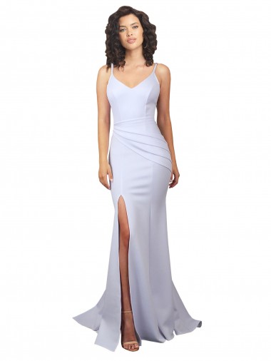 Online Simple Mermaid V-Neck Long Crepe Beach Wedding Dress with Right Slit UK