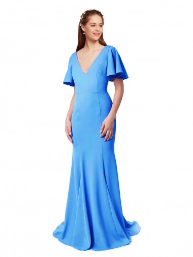 Online Short Sleeves Long V-Neck Crepe Bridesmaid Dress / Prom Dress with V-Back UK