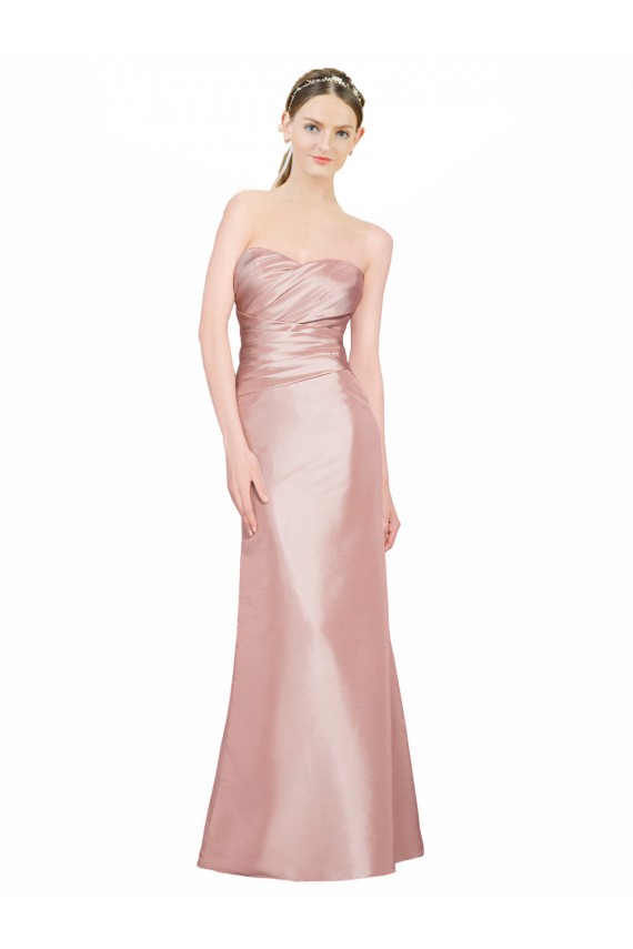 Online Long Strapless Formal Stretch Satin Bridesmaid Dress / Prom Dress with Pleats and Low Back UK