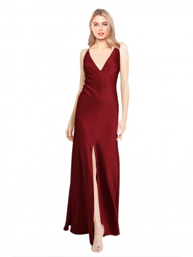 Online Floor Length Deep V-Back Formal Stretch Satin Bridesmaid Dress / Prom Dress with Front Slit UK