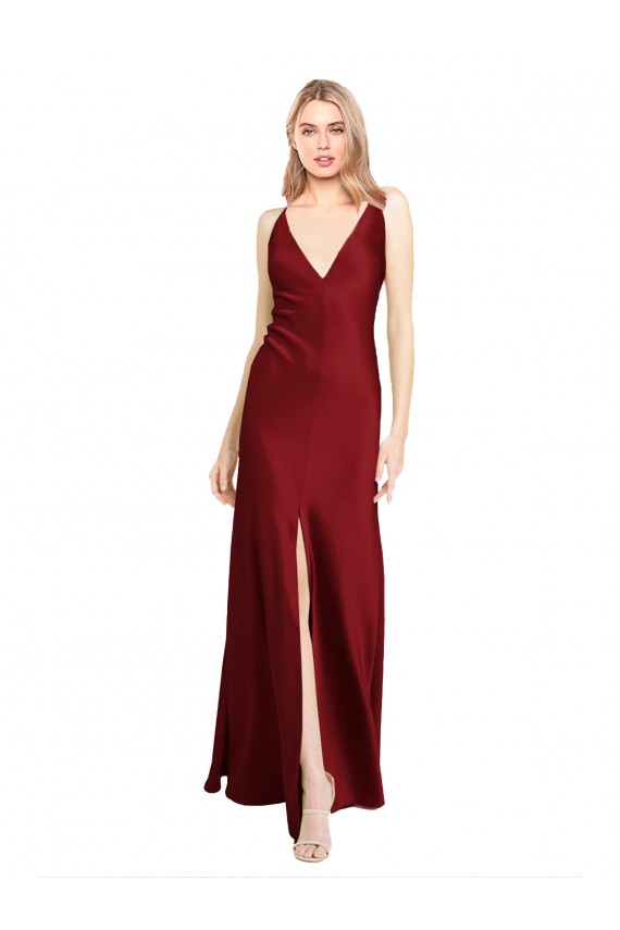 Online Floor Length Deep V-Back Formal Stretch Satin Bridesmaid Dress / Prom Dress with Front Slit UK