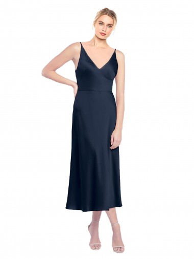 Online V-Neck Midi Length Short Cocktail Formal Stretch Satin Bridesmaid Dress / Prom Dress V-Back UK
