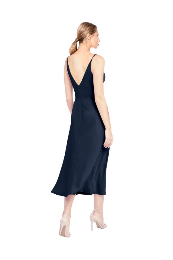 Online V-Neck Midi Length Short Cocktail Formal Stretch Satin Bridesmaid Dress / Prom Dress V-Back UK