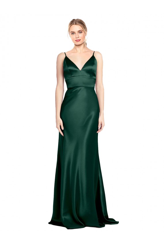 Online High V-Neck Long Full Length Sheath Formal Stretch Satin Bridesmaid Dress / Prom Dress UK