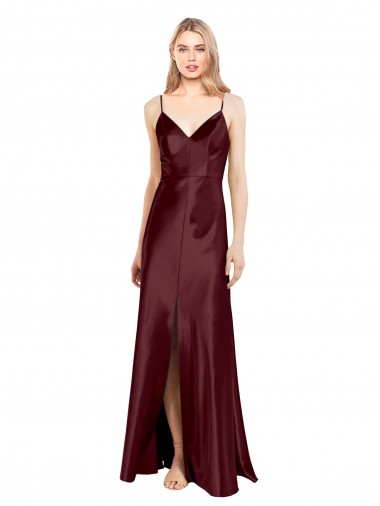 Online Sleek Spaghetti Straps V-Neck Formal Stretch Satin Bridesmaid Dress / Prom Dress with Center Front Slit UK