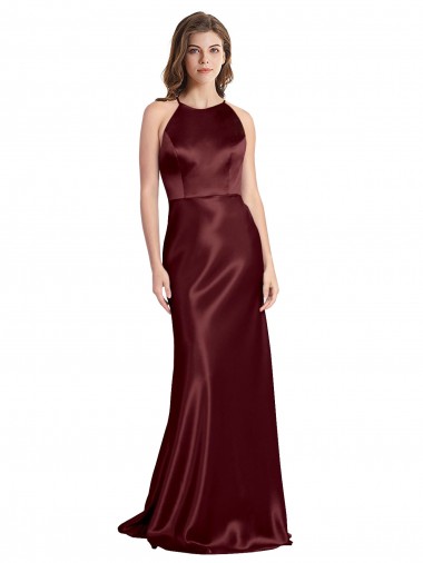 Online High Neck Halter Long Sleeveless Formal Stretch Satin Bridesmaid Dress / Prom Dress with Strappy Back UK