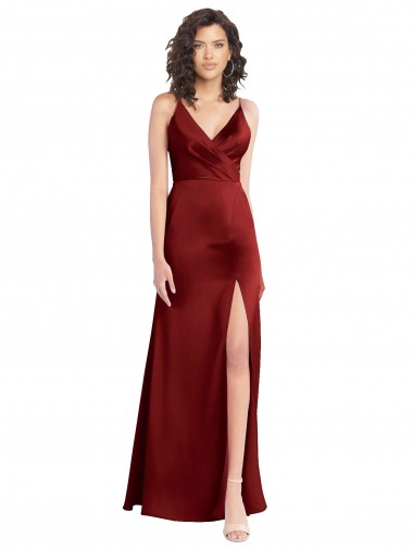 Online Faux Surplice Neckline Long Slim A-Line Formal Stretch Satin Bridesmaid Dress / Prom Dress UK
