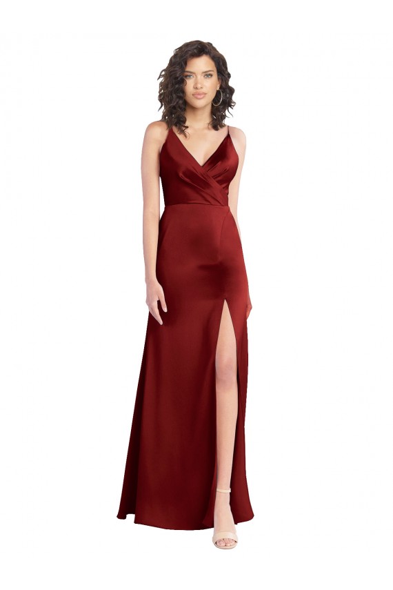 Online Faux Surplice Neckline Long Slim A-Line Formal Stretch Satin Bridesmaid Dress / Prom Dress UK