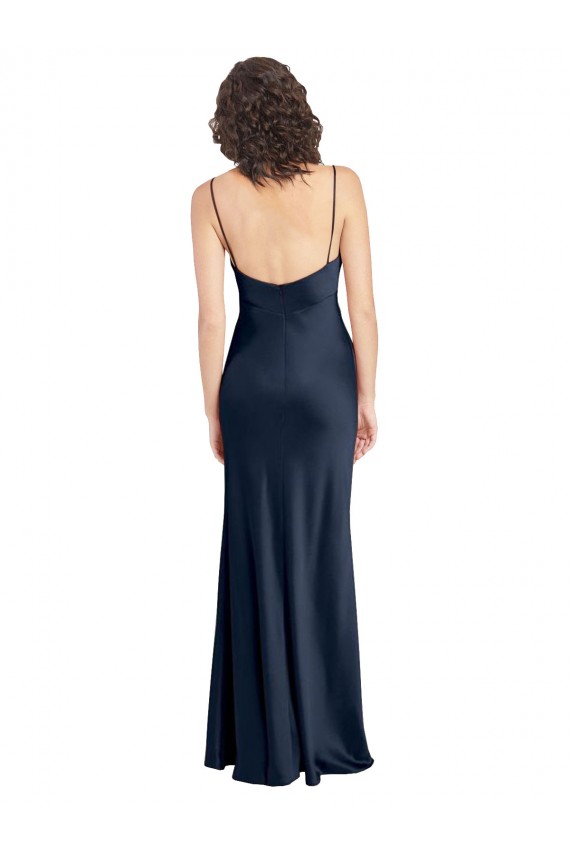 Online Cowl Neck Long Empire Waist Formal Stretch Satin Bridesmaid Dress with Open Back UK