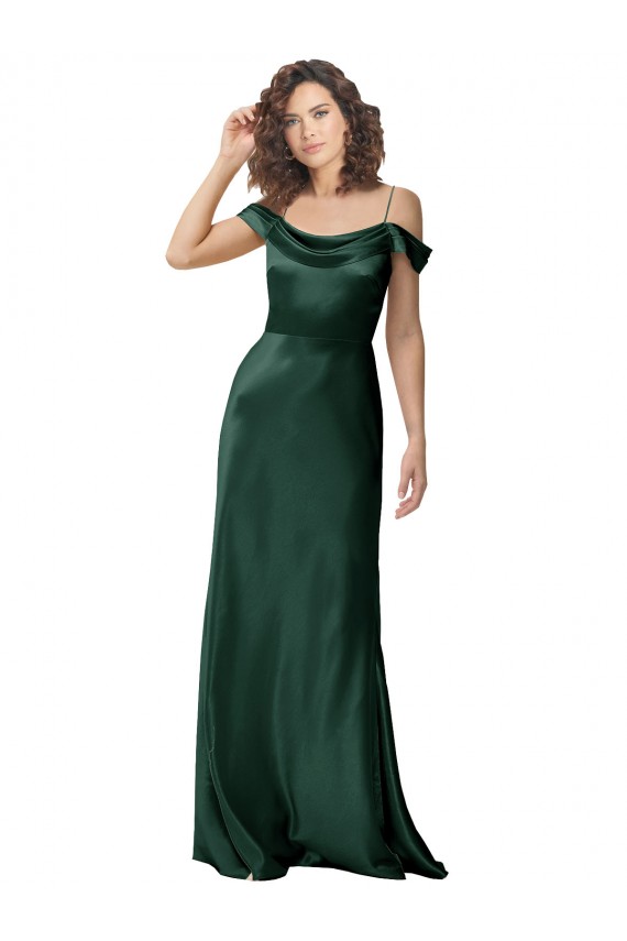 Online Off the Shoulder Sleeves Long Formal Stretch Satin Bridesmaid Dress / Prom Dress with Pleated Draped Neckline UK