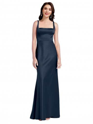 Online Square Neck A-Line Long Formal Stretch Satin Bridesmaid Dress / Prom Dress with Wide Straps UK