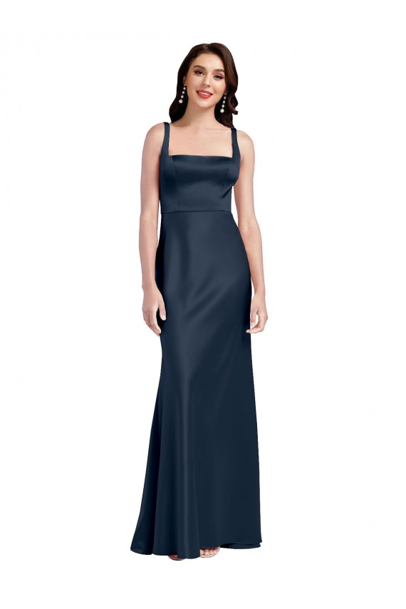 Online Square Neck A-Line Long Formal Stretch Satin Bridesmaid Dress / Prom Dress with Wide Straps UK