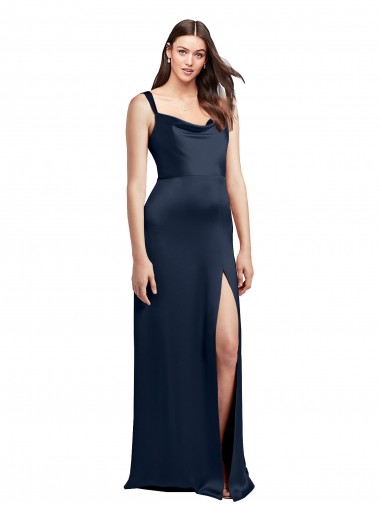 Online Cowl Neck Soft Long Formal Stretch Satin Bridesmaid Dress / Prom Dress with Side Slit and Pleated Straps UK