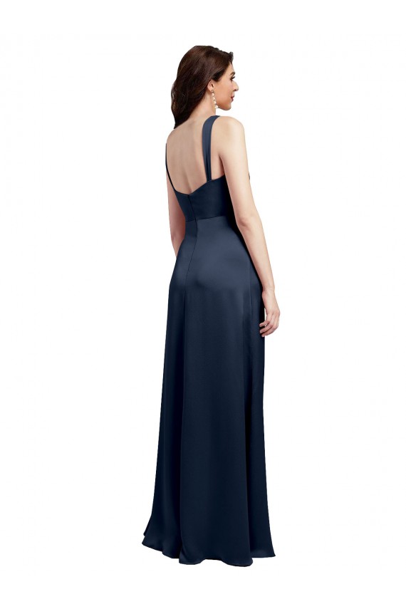 Online Cowl Neck Soft Long Formal Stretch Satin Bridesmaid Dress / Prom Dress with Side Slit and Pleated Straps UK