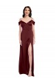 Online Draped Off the Shoulder Sleeves Slim A-Line Formal Stretch Satin Bridesmaid Dress / Prom Dress with Side Slit UK