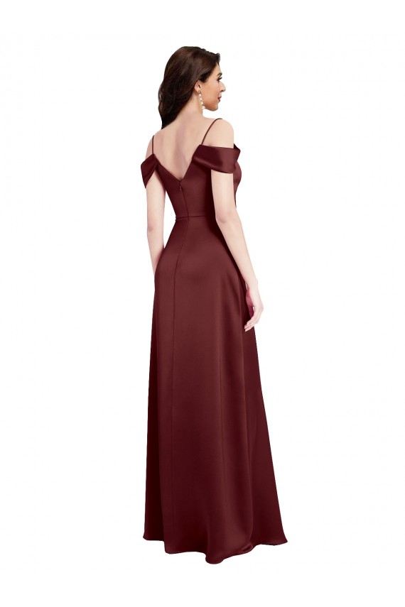 Online Draped Off the Shoulder Sleeves Slim A-Line Formal Stretch Satin Bridesmaid Dress / Prom Dress with Side Slit UK