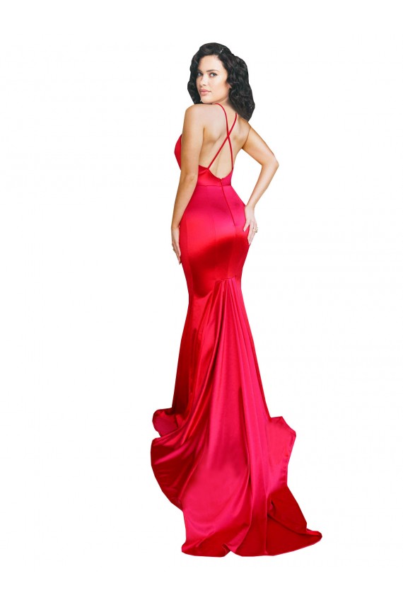 Online Mermaid Open Back Long Formal Stretch Satin Bridesmaid Dress / Prom Dress with High Slit UK