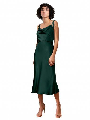 Online Spaghetti Straps Tie Shoulders Cowl Neck Short Midi Length Formal Stretch Satin Cocktail Bridesmaid Dress / Prom Dress UK