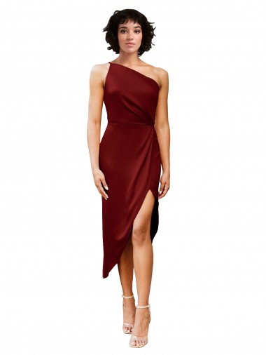 Online One Shoulder Cocktail Midi Length Short Formal Stretch Satin Wrap Style Bridesmaid Dress / Prom Dress UK