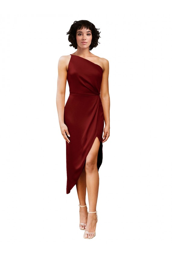 Online One Shoulder Cocktail Midi Length Short Formal Stretch Satin Wrap Style Bridesmaid Dress / Prom Dress UK