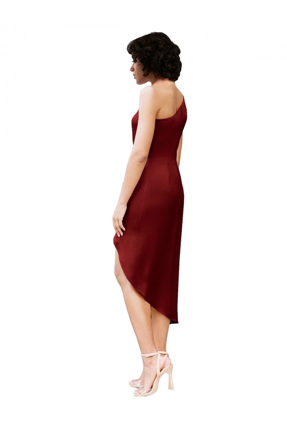 Online One Shoulder Cocktail Midi Length Short Formal Stretch Satin Wrap Style Bridesmaid Dress / Prom Dress UK