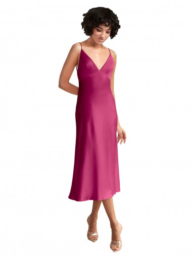 Online Midi Length V-Neck Short Formal Stretch Satin Bridesmaid Dress / Cocktail Prom Dress with Low Scoop Back UK