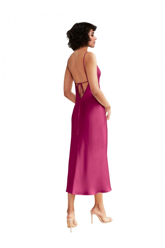Online Midi Length V-Neck Short Formal Stretch Satin Bridesmaid Dress / Cocktail Prom Dress with Low Scoop Back UK