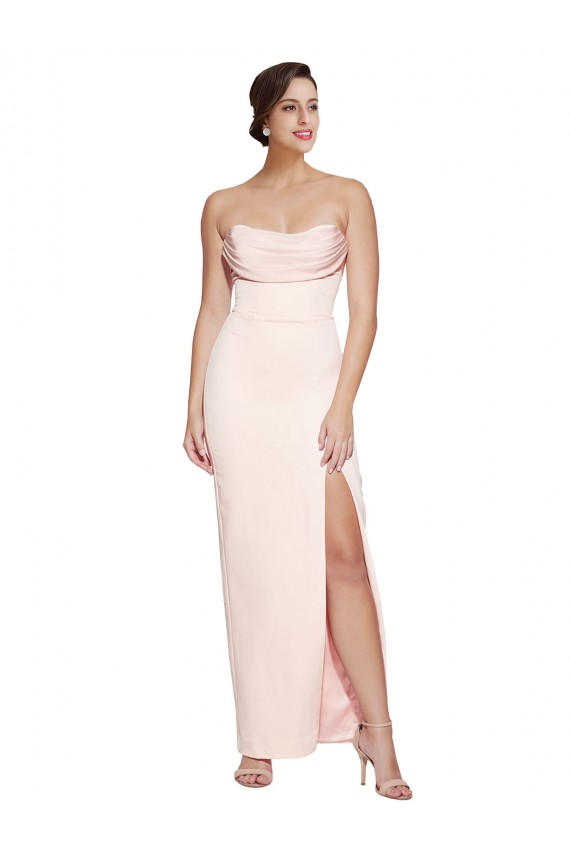 Online Cowl Neck Strapless Formal Stretch Satin Bridesmaid Dress / Prom Dress with High Split UK