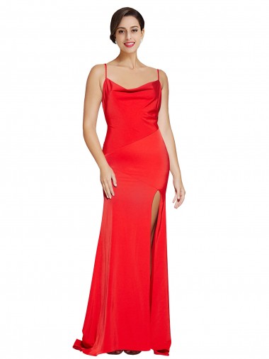 Online Low Back Cowl Neck Formal Stretch Satin Bridesmaid Dress / Prom Dress with High Side Slit UK