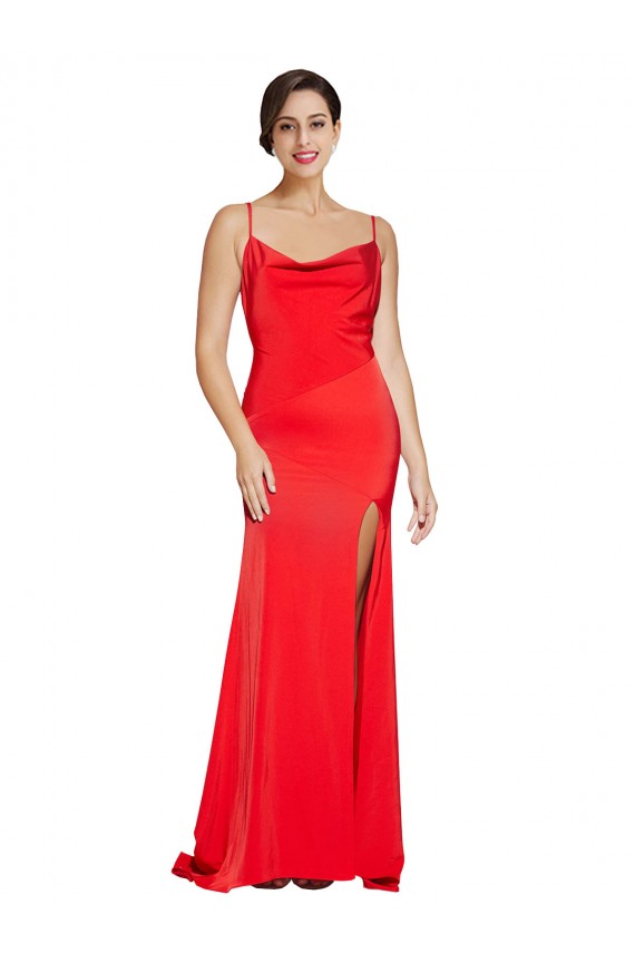 Online Low Back Cowl Neck Formal Stretch Satin Bridesmaid Dress / Prom Dress with High Side Slit UK