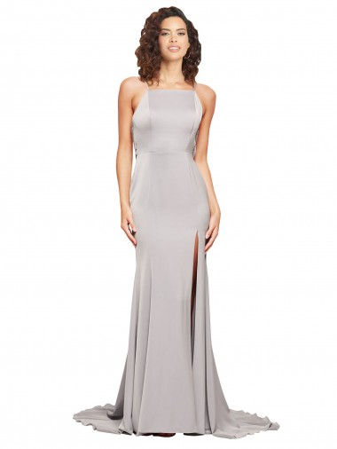 Online High Neck Low Back Long Full Length Formal Stretch Satin Bridesmaid Dress / Prom Dress UK