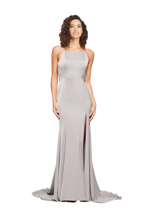 Online High Neck Low Back Long Full Length Formal Stretch Satin Bridesmaid Dress / Prom Dress UK