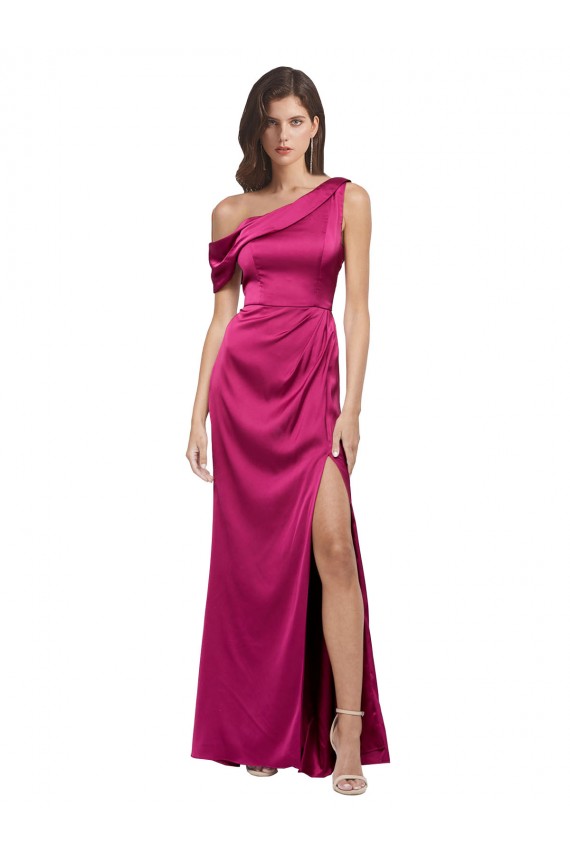 Online Off the Shoulder Short Sleeves Formal Stretch Satin Bridesmaid Dress / Prom Dress with Side Slit UK