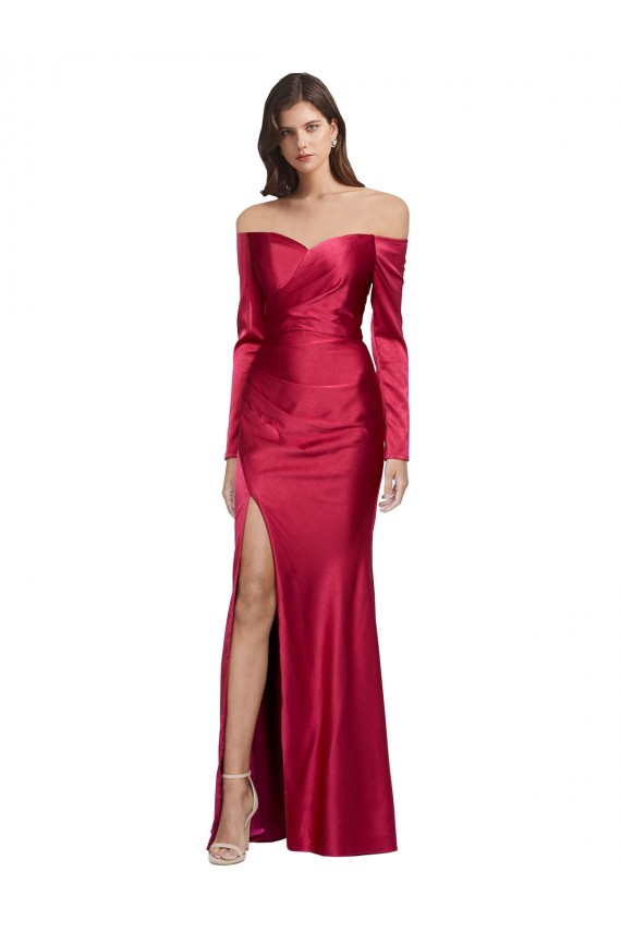 Online Long Sleeves Off the Shoulder Formal Stretch Satin Bridesmaid Dress / Prom Dress with High Side Split UK