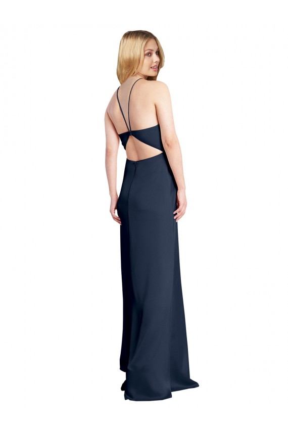 Online Halter Neckline Long Formal Stretch Satin Bridesmaid Dress / Prom Dress with Strappy Back and Side Slit UK