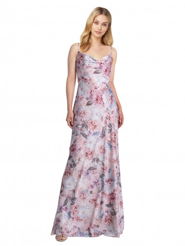Online Draped Cowl Neck Long Printed Formal Stretch Satin Bridesmaid Dress UK