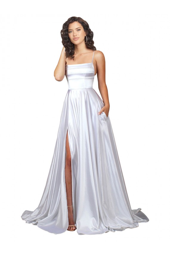Online Simple A-Line Corset Style Pleated Long Stretch Satin Beach Wedding Dress with High Slit UK