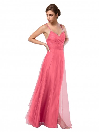 Online Flowy A-Line Tulle Bridesmaid Dress with Double Straps and V-Neck UK