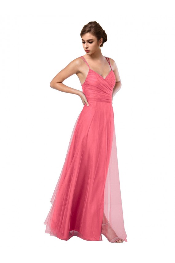 Online Flowy A-Line Tulle Bridesmaid Dress with Double Straps and V-Neck UK