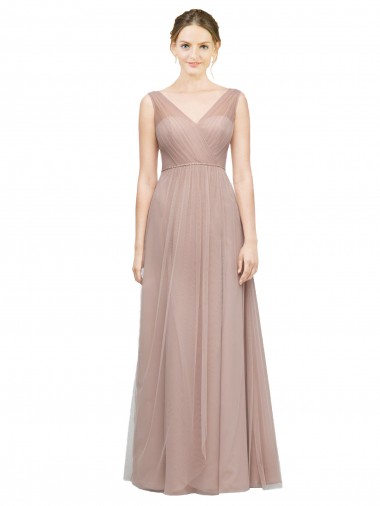 Online Full Length Draped Long V-Neck Tulle Bridesmaid Dress UK