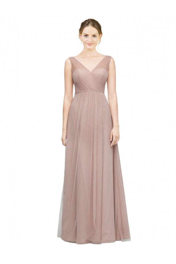 Online Full Length Draped Long V-Neck Tulle Bridesmaid Dress UK