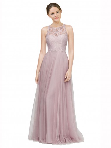 Online High Neck Long Tulle Bridesmaid Dress with Lace Bodice UK