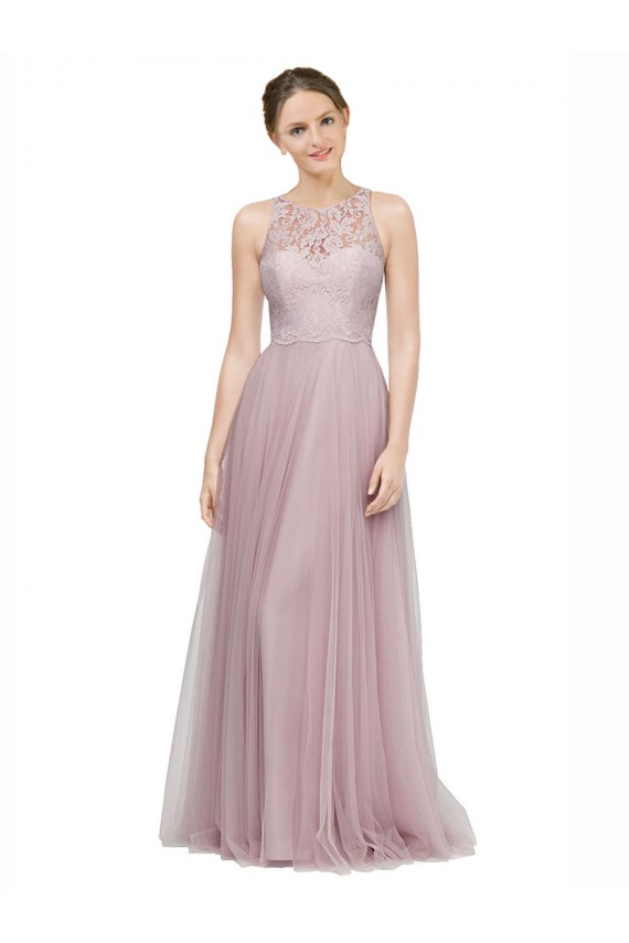 Online High Neck Long Tulle Bridesmaid Dress with Lace Bodice UK