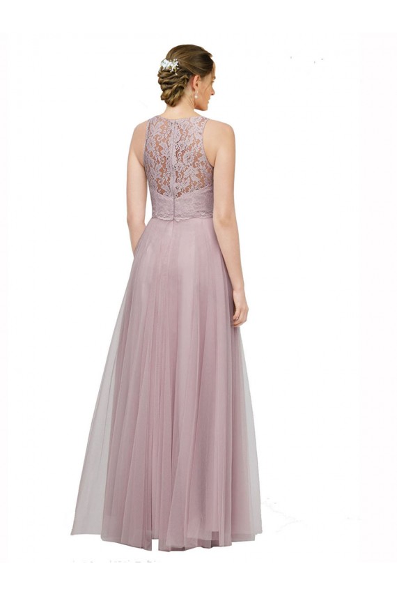 Online High Neck Long Tulle Bridesmaid Dress with Lace Bodice UK